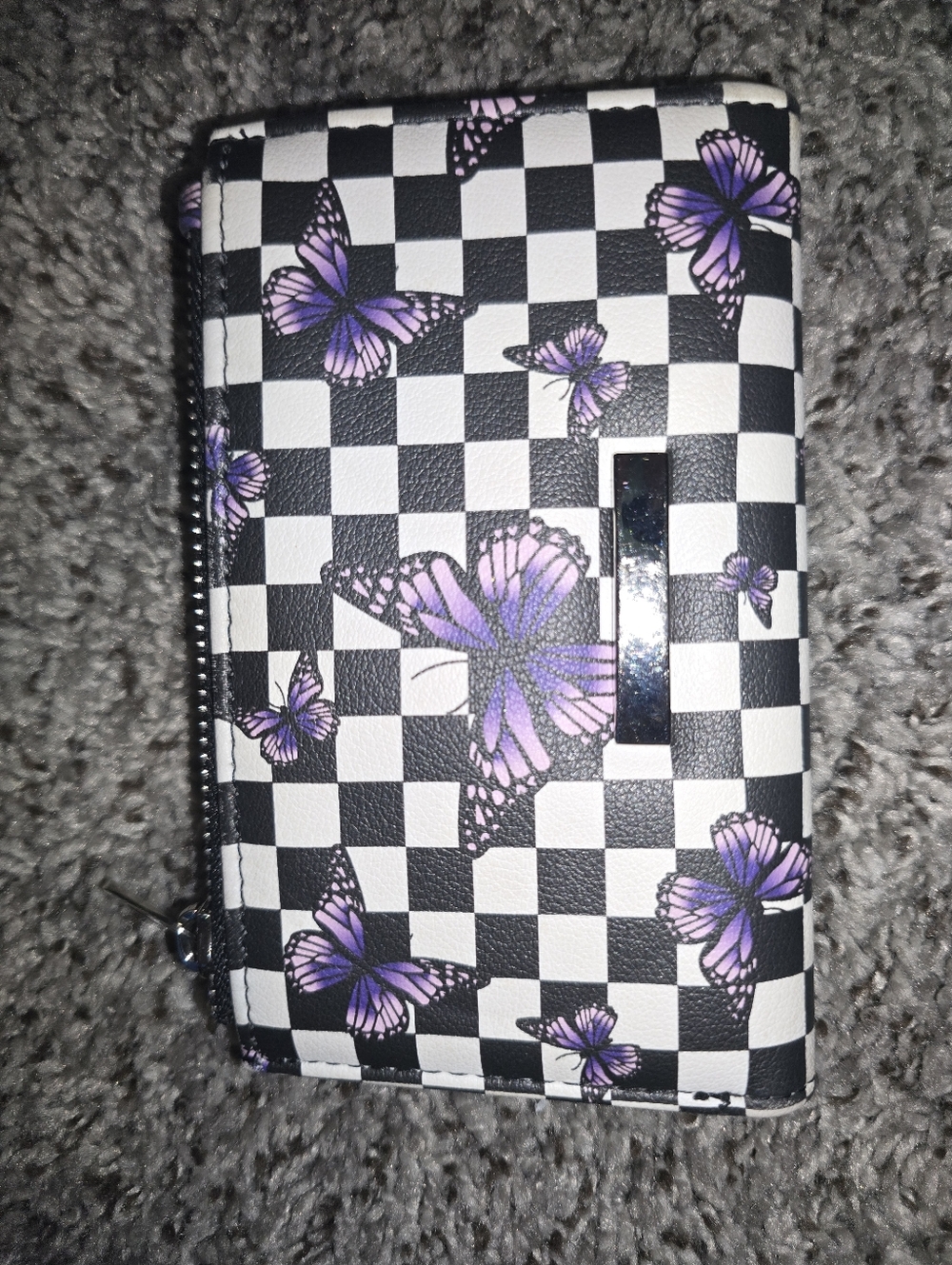Checkerboard Wallet with Purple Butterfly Print - Picture 2 of 6